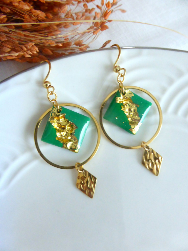 Boucles d'oreilles pendantes vertes- Nuit dorée 