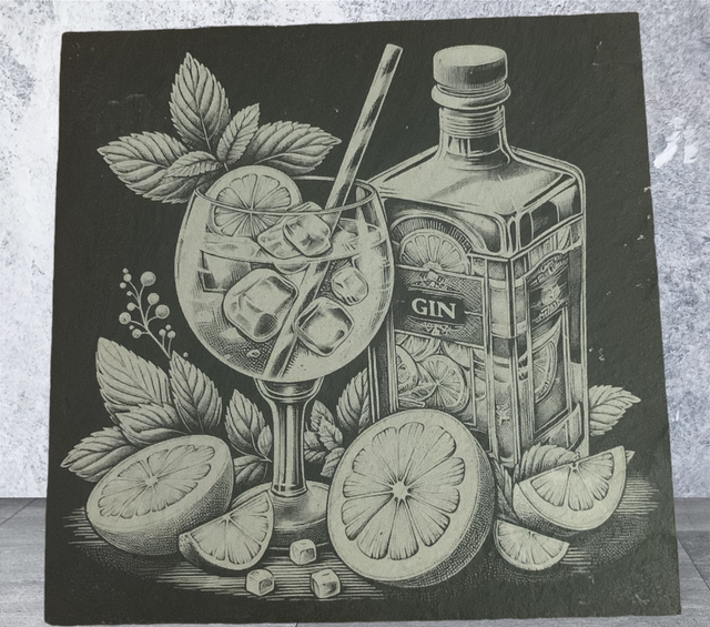 Slate Coaster - Gin Bottle and Glass