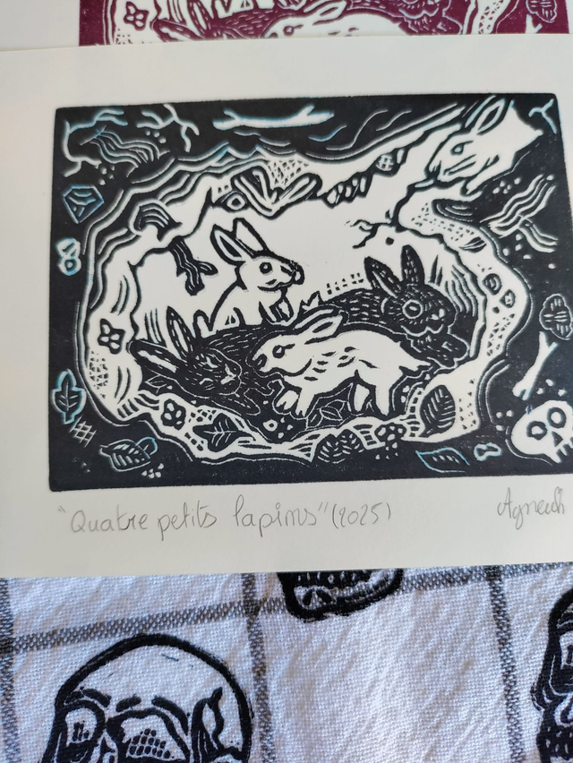 Linogravure/tampon "quatre petits lapins " lapins sauvage format  10X14.5 cm NOIR