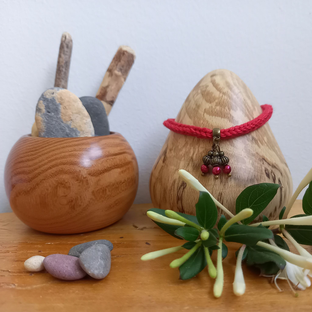 Parure rouge et bronze - Bracelet tricoté