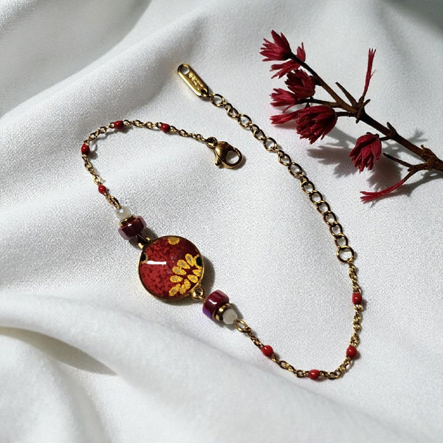 bracelet acier inoxydable motifs japonais rouge bordeaux et doré