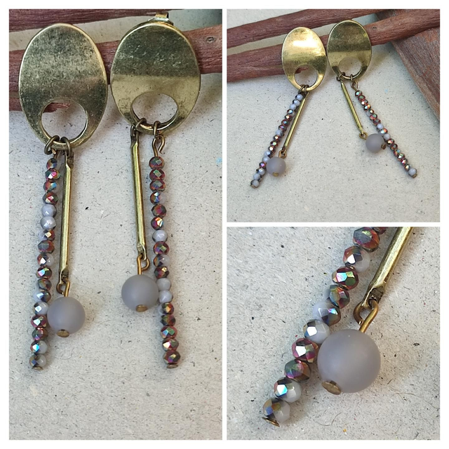 Boucles d&#039;oreilles bronze, pierres naturelles &amp; verre,ton de gris et bruns, sans nickel pièce unique 