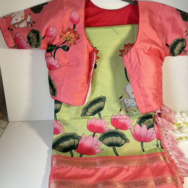 Light Green with Pink Pichwai Kalamkari Soft Silk Saree