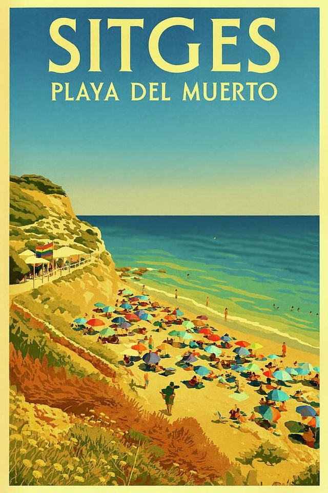 Cartel de viaje vintage de Sitges Catalunya Playa Gay de Playa del Muerto