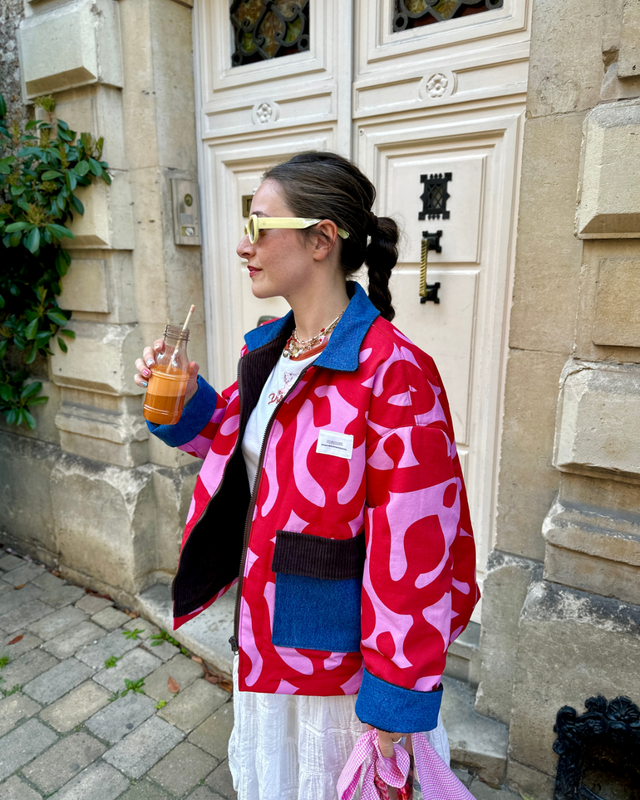 Veste Barn Jacket imprimé Ikea Rouge / Rose - Fait main à Reims (France)