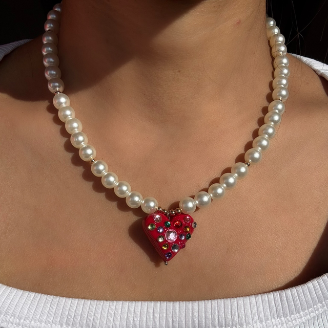 Ruby – Red Gem Heart & Pearl Beaded Necklace