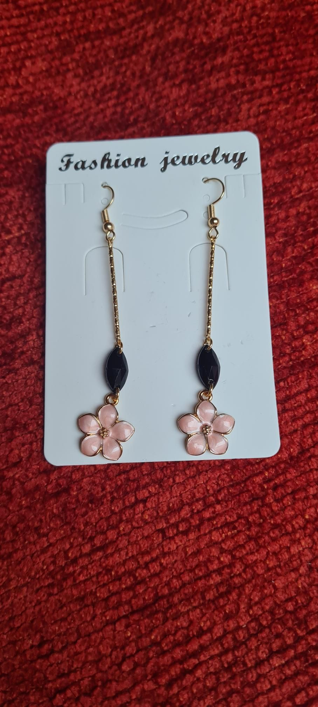 Pink Enamel 5 Petal Flower Long Dangle Earrings