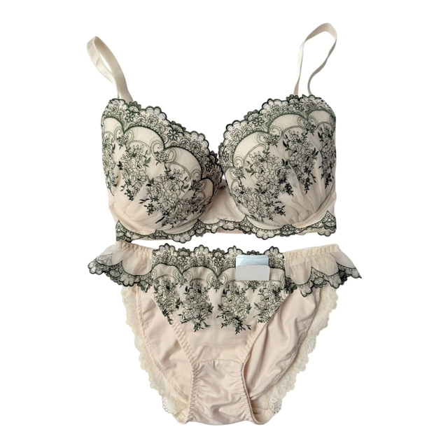 Green + cream Floral Japanese Bra + Underwear Set UK 32DD 