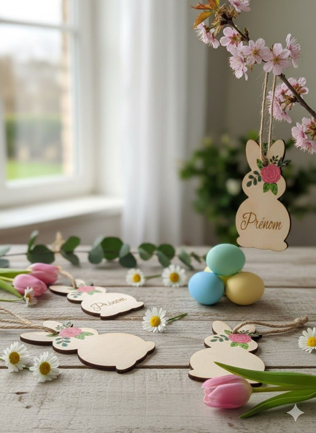 Lapin de Pâques en bois à personnaliser – Fleurie et peinte à la main