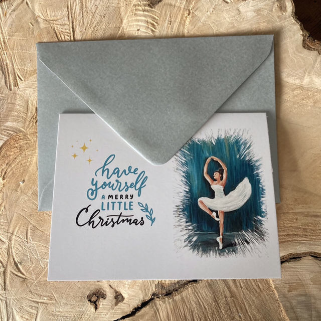Luxe Kerstkaart Ballet Danseres schilderij donkerblauw | dubbele ansichtkaart met envelop  