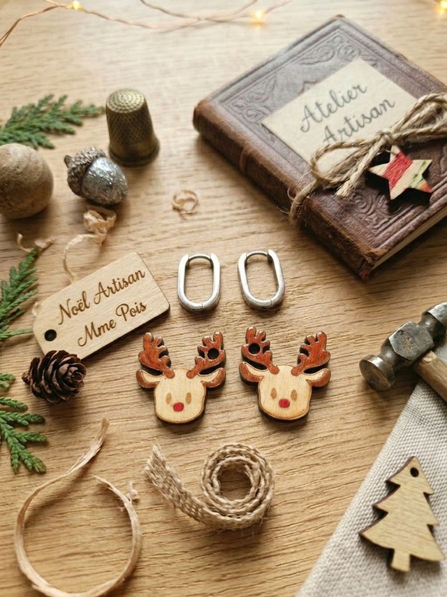 Noël Collection - Renne pampille en bois pour créoles - Fait main et résine - Le Grand-Lucé