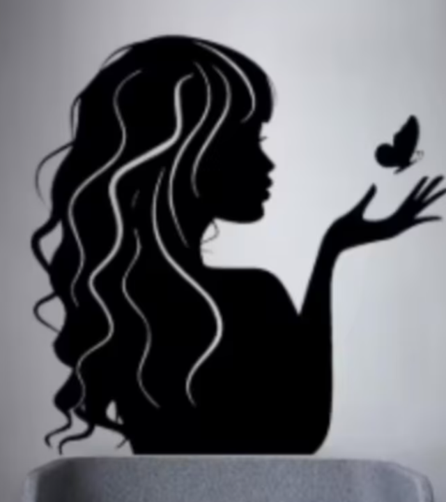 Grote muursticker Meisje met vlinders zwart (57x57cm)