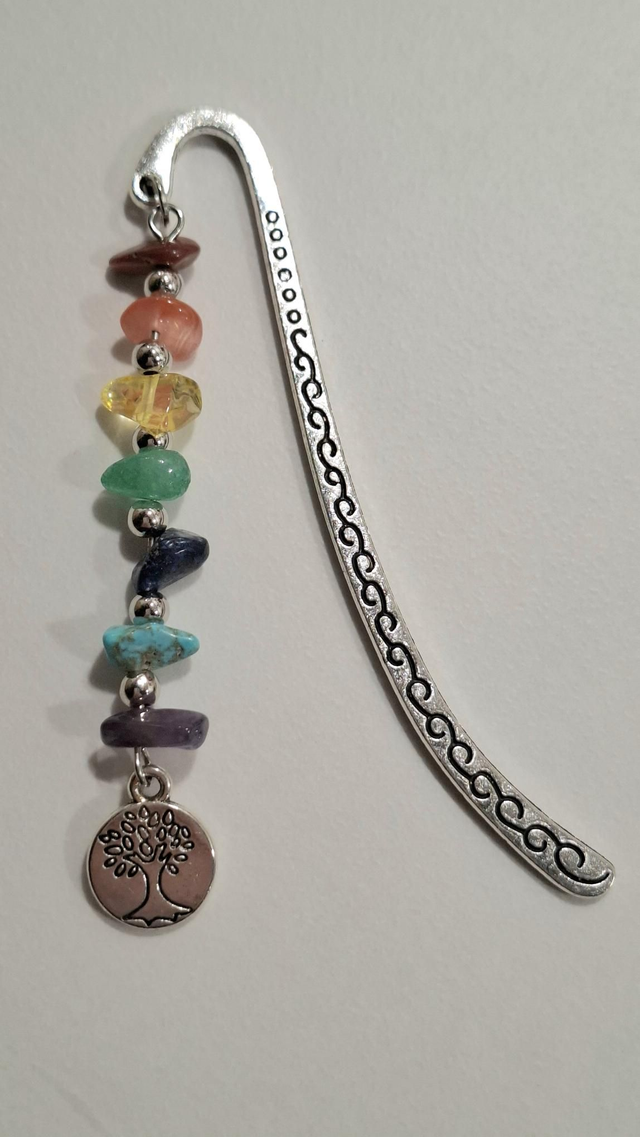 Silver metal bookmark with chakra crystal charm tree of life