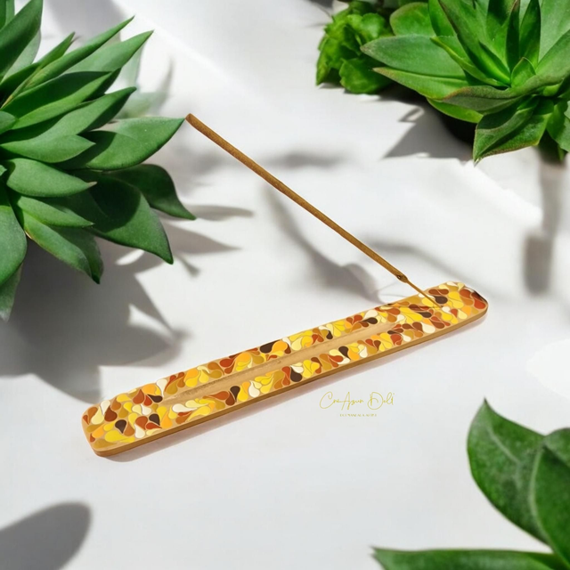 Porte-encens en bois mandala orange &amp; marron – Peint à la main