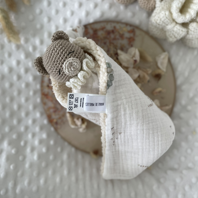 Milo, doudou ourson tête beige foncé personnalisé