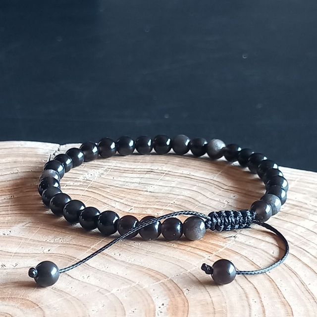 Bracelet ajustable en Obsidienne argentée
