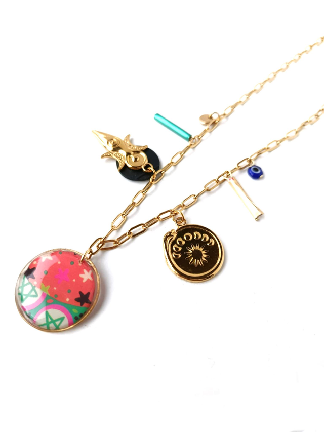 Collier à Breloques Upcyclé Carte de Tarot, Chambre à Air &amp; Aluminium Recyclés - Pentagramme