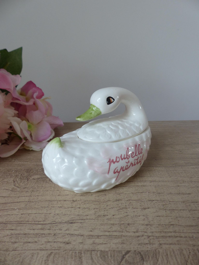 Cygne petite poubelle de table pour apéritif en barbotine, boite cygne, vide poche cygne en céramique, décoration de table oiseau vintage