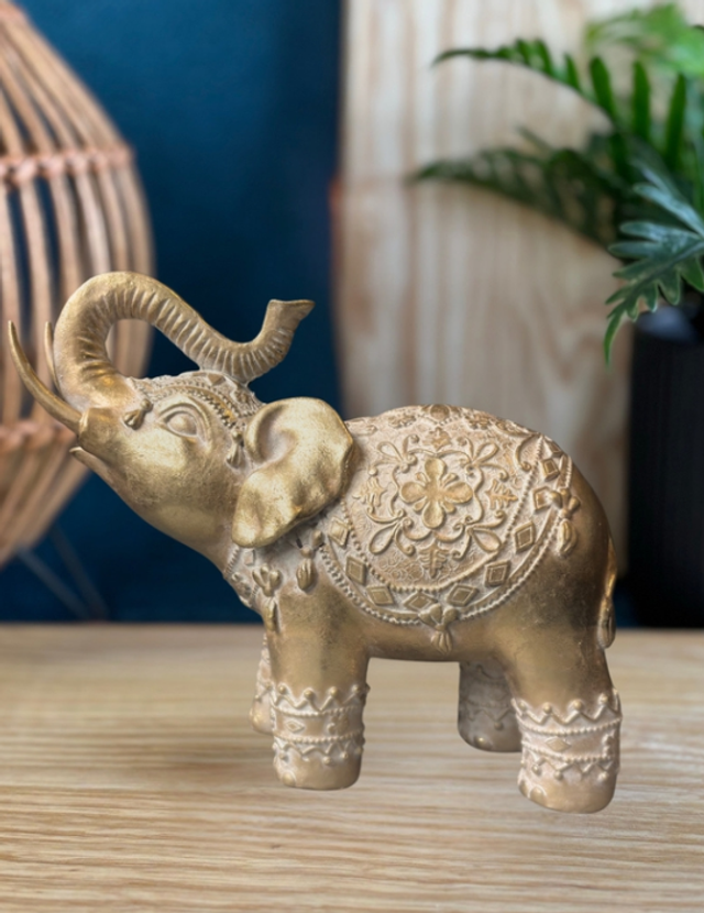 Statuette Eléphant Trompe en l'air 17 cm - Résine - Doré