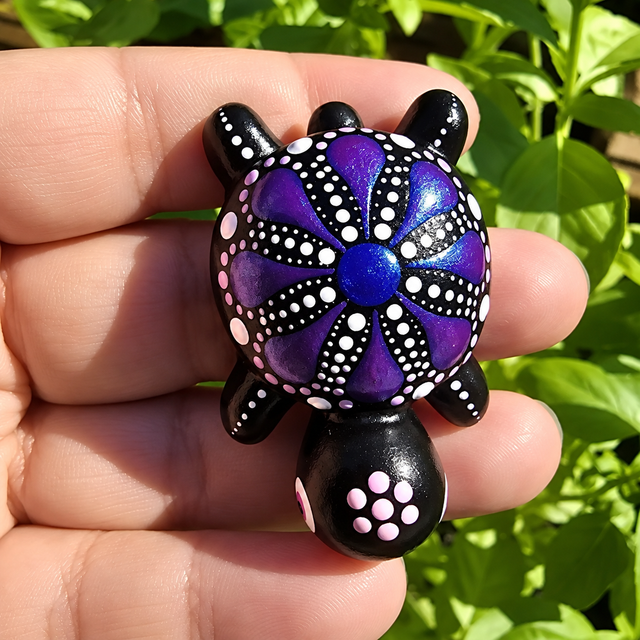 Petite tortue décorative – Mandala violet iridescent et rose - peint à la main