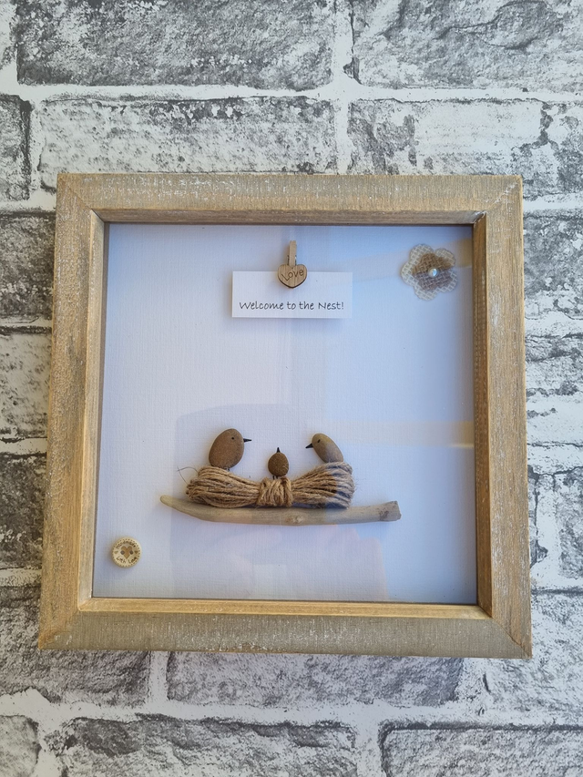 Irish, Hand Crafted. Personalised, Pebble Art New Baby Nest Picture 