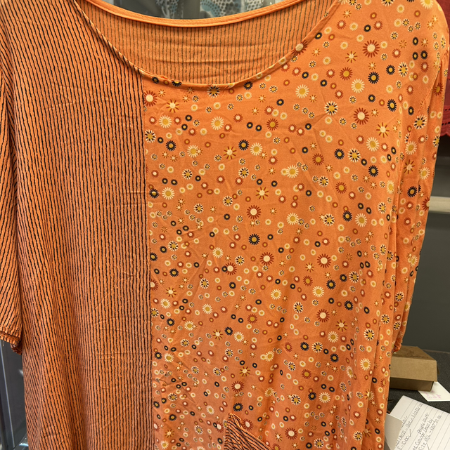 LMF - Orange Linen Dress with Pockets - Stripe and Flowers Design - Free Size - 1936