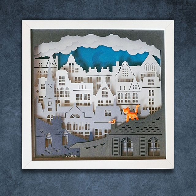 Shadow Box "Gatto e pettirosso" con luce Led