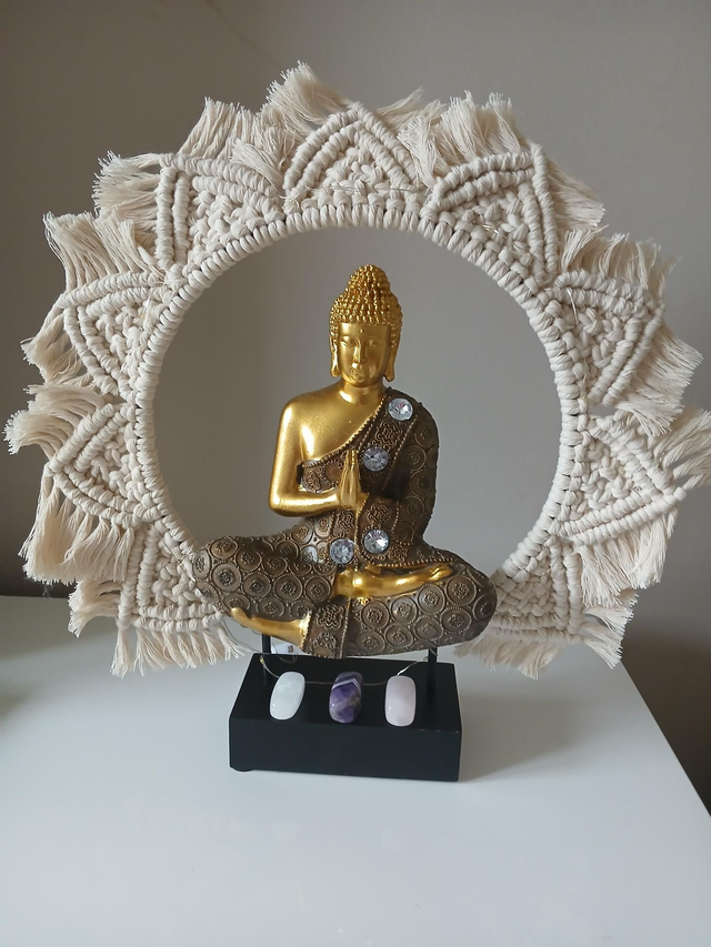 Bouddha macramé sérénité améthyste cristal roche quartz rose