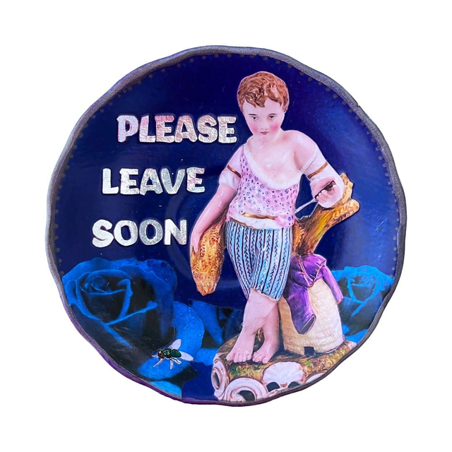 "Please Leave Soon" Midnight Blue Upcycled Wall Plate - House of Frisson