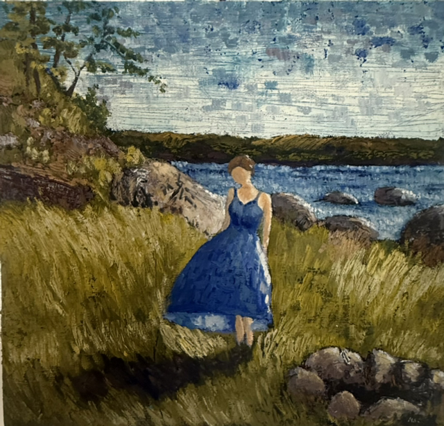 Gemälde „Junge Frau in blauem Kleid“ Schweden 2025 Eitempera 