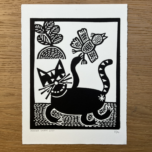 « Le Matou et le Piou-piou » - linogravure 