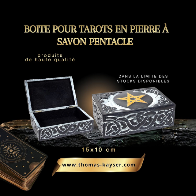  Boîte à Tarots en Pierre à Savon Noire &amp; Pentacle Doré (15x10 cm)