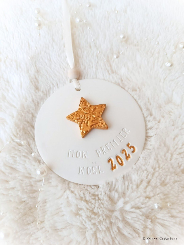 Boule de Noël "Mon premier Noël 2025" en argile avec Ange ou Etoile