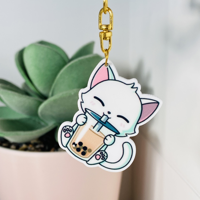 Porte-clés Plat Kawaii Cat Bubble Tea