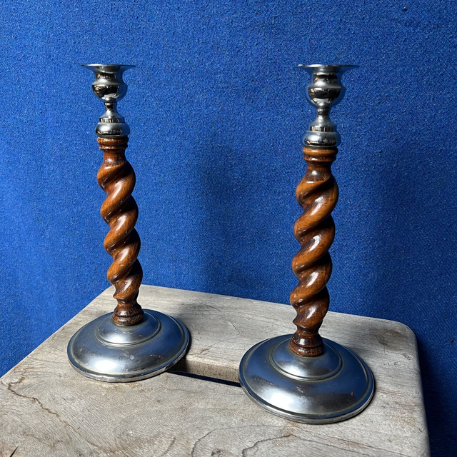 Candlesticks - Wooden Barley Twist and Chrome - Pair of 2 