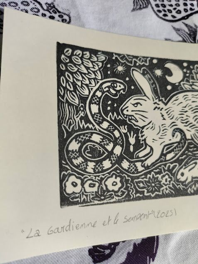 Linogravure/tampon " la gardienne et le serpent" lapins sauvage format 10X14.5 cm