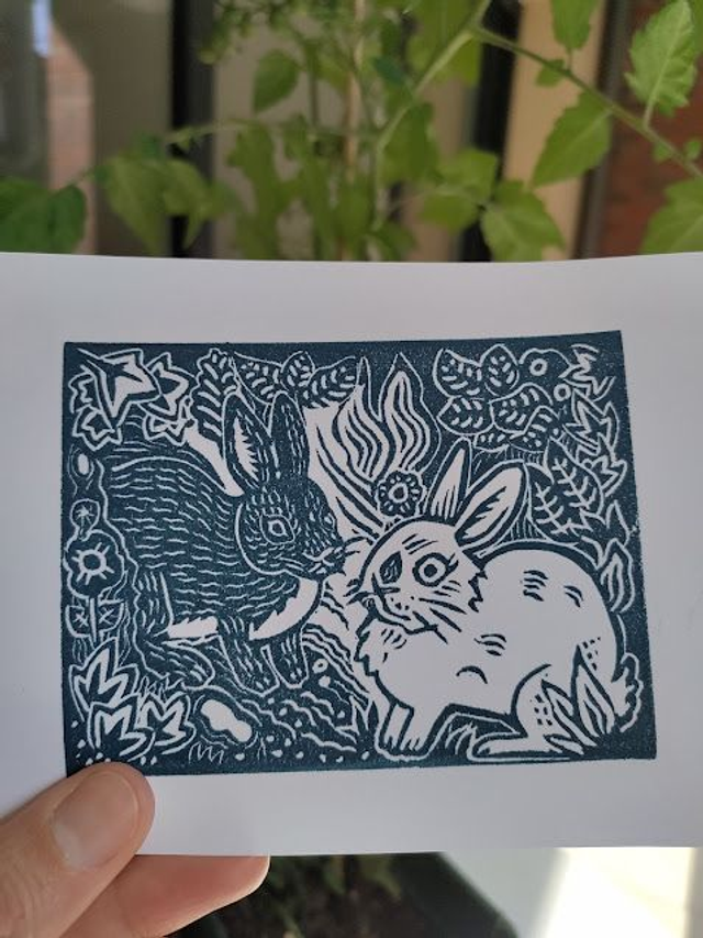 Linogravure/tampon Bonjour Madame lapin" lapins sauvage format 10X14.5 cm