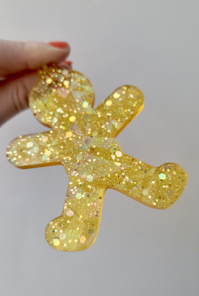 Gingerbread Man Christmas Tree Bauble Decoration - Biscuit Yellow Glitter