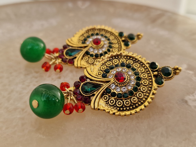 Boucles D'oreilles Vintage Retro Dorées Cristal Jade Vert Rouge