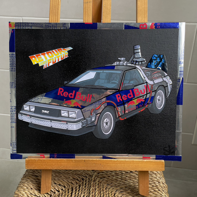Tableau Delorean retour vers le futur sur fond noir 