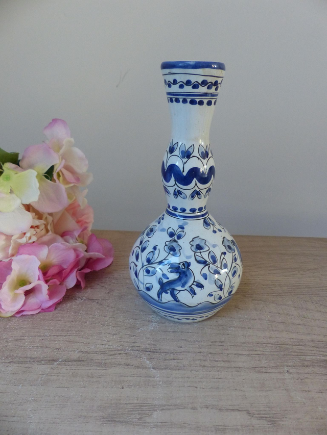 Vase en céramique Oiseau et Biche Bleus Peint Main Portugal, Vase en Céramique Animal, Vase Forme Coloquinte Décoration Intérieur Cadeau