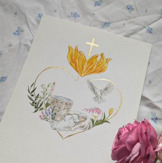 Ex-voto Baptême bébé et agneau- Aquarelle originale 