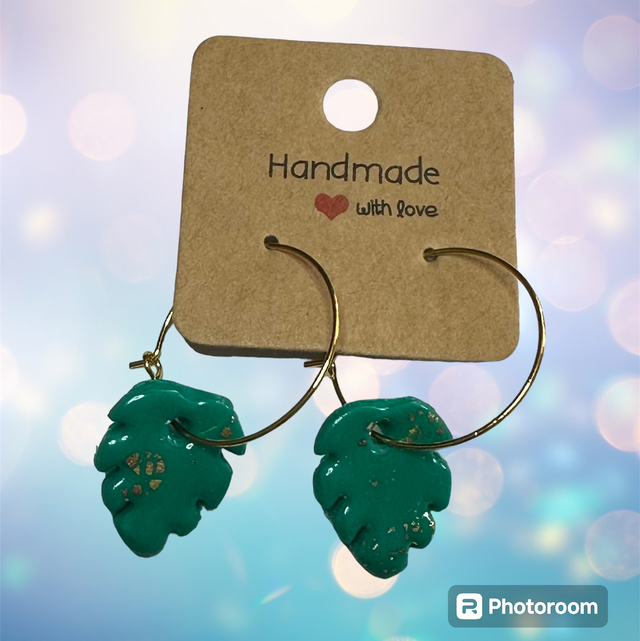 Small Polymer Clay Monstera Leaf Hoop Earrings