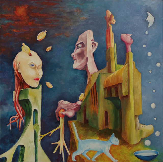 Przypadkowa historia z kotem, 50x50 olej płótno 2021