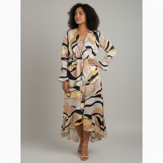 Robe Longue Fluide à Imprimé Abstrait et Volants