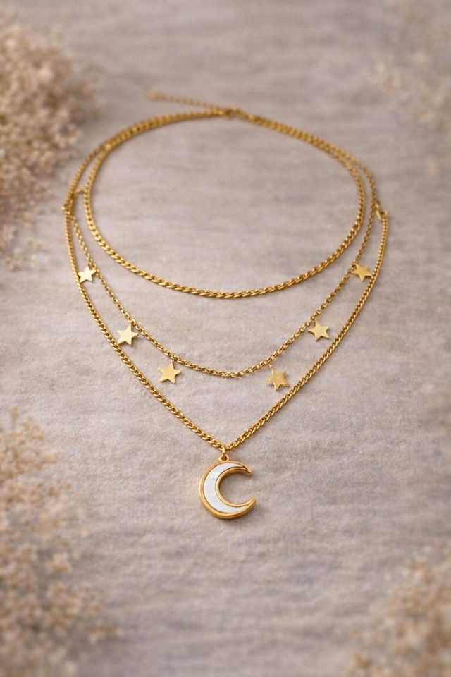 Collier double rang lune &amp; étoiles en acier inoxydable 316L – Pendentif lune nacré fantaisie 