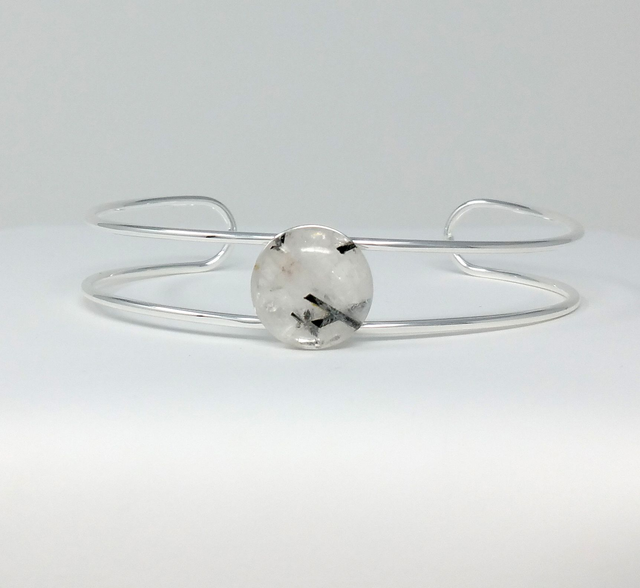 BRACELET DOUBLE AVEC CABOCHON QUARTZ RUTILE PLAQUE ARGENT - BPL0806