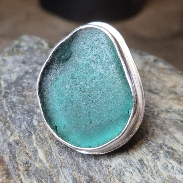 Size O Teal Sea Glass and Sterling Silver Ring