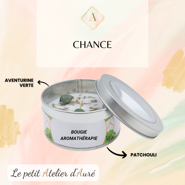 Bougie aromathérapie &quot;Chance&quot; - Aventurine Verte &amp; Patchouli