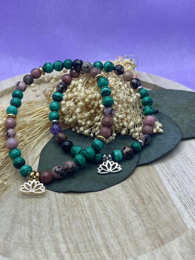 Bracelet CréaD’Âme – Cœur, Équilibre Émotionnel Malachite &amp; Rhodonite